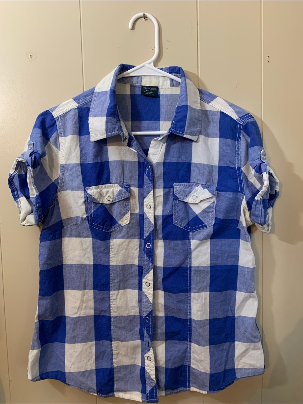 Faded Glory Blue and White Buffalo Plaid Button-Up Shirt